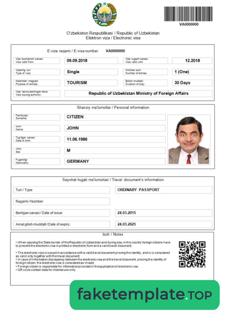 Feature of fake Uzbekistan e-visa example in Word and PDF template